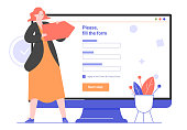 Girl stands near a big computer monitor with an arrow in her hands. Points out the registration form in the web site. Please fill the form. Vector flat illustration.