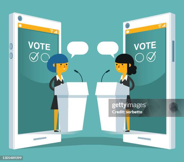 on-line voting - businesswomen - debate stage stock illustrations