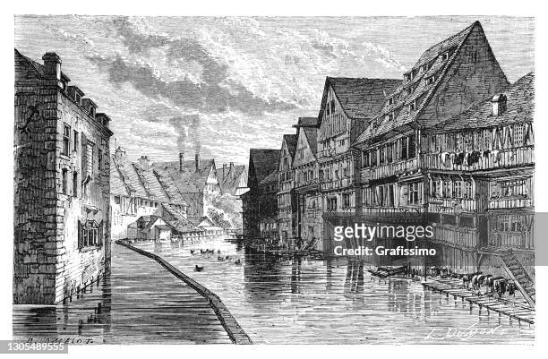 quarter of the tannery in ulm germany 1862 - ulm stock illustrations