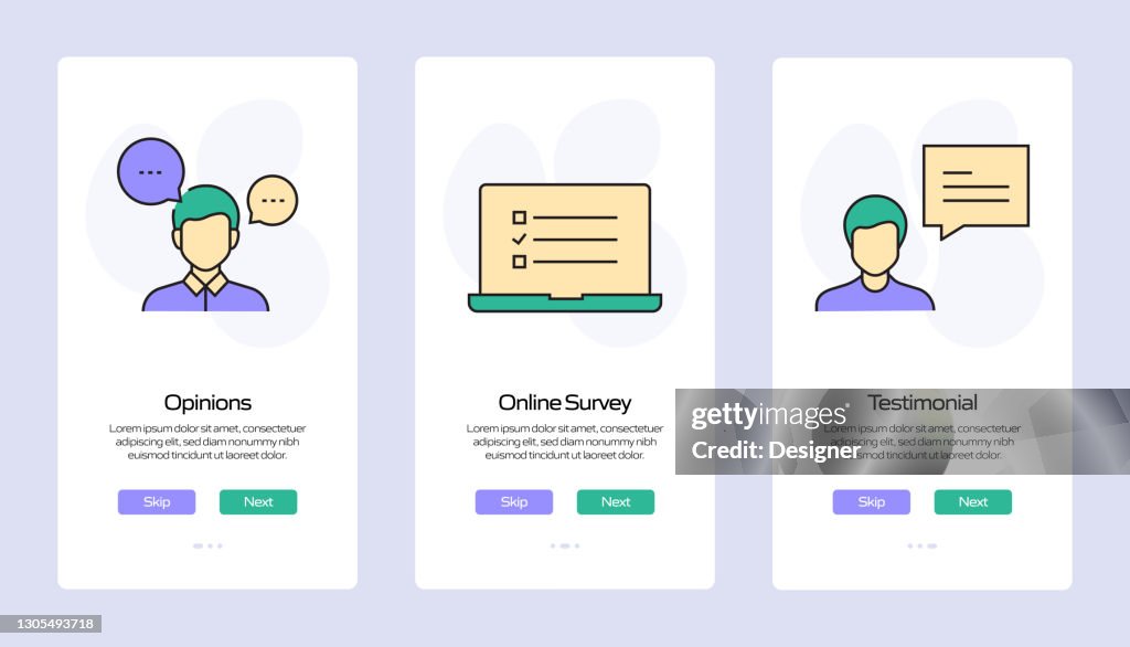 Survey and Testimonials Concept Onboarding Mobile App Page Screen with Flat Icons. UX, UI Design Template Vector Illustration