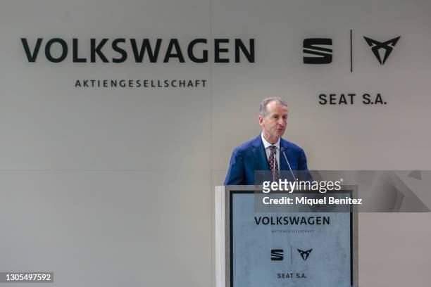 Volkswagen Group chief executive officer Herbert Diess gives his speech at SEAT Factory on March 05, 2021 in Martorell, Barcelona, Spain. The...