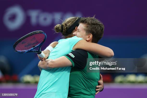 Demi Schuurs of The Netherlands and Nicole Melichar of The United States celebrate victory after winning their doubles Final match against Jelena...