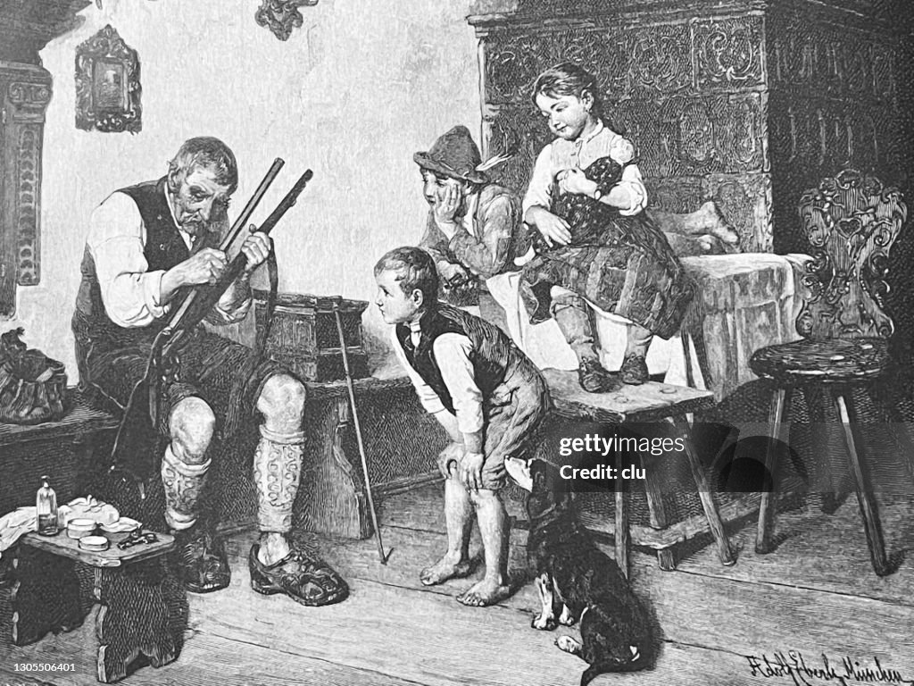 Barnbarn ser farfar rengöra sitt gevär