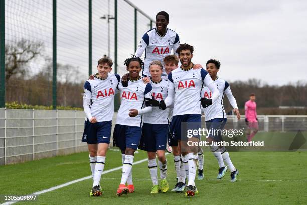 Jamie Bowden of Tottenham Hotspur celebrates scoring the 2nd Tottenham goal with team-mates during the Premier League 2 match between Tottenham...