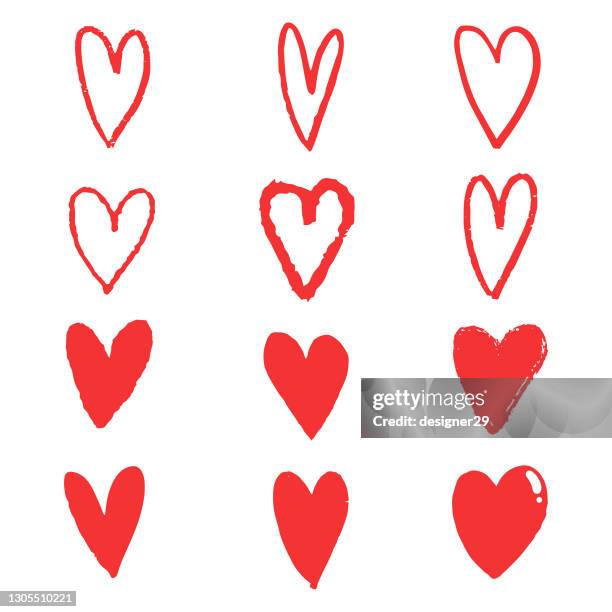 hand drawn red heart icon set vector design. - chalk heart stock illustrations