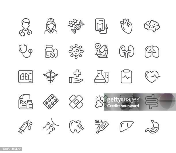 illustrazioni stock, clip art, cartoni animati e icone di tendenza di icone linea medica tratto modificabile - visita medica