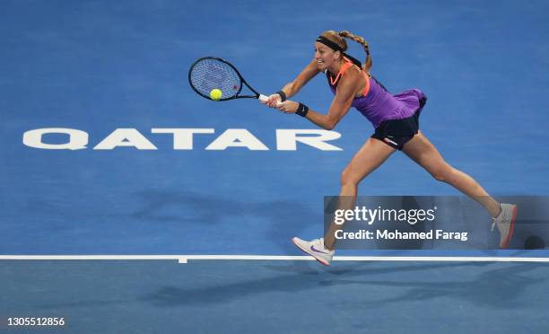 Petra Kvitova of The Czech Republic plays a backhand in her Semi-Final singles match against Jessica Pegula of The United States during Day Five of...