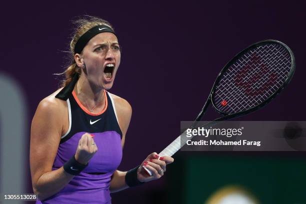 Petra Kvitova of The Czech Republic celebrates in her Semi-Final singles match against Jessica Pegula of The United States during Day Five of the...