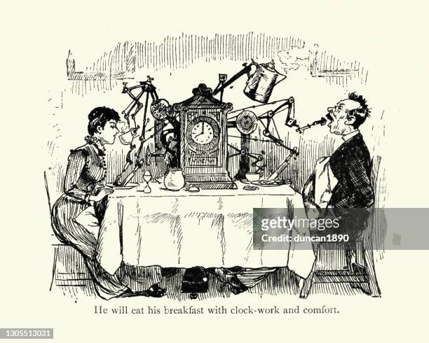wacky inventions, the clockwork breakfast server, victorian cartoon 19th century - crazy inventor stock illustrations
