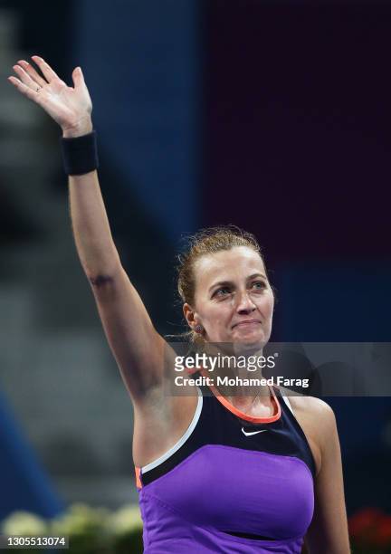 Petra Kvitova of The Czech Republic celebrates victory after winning her Semi-Final singles match against Jessica Pegula of The United States during...