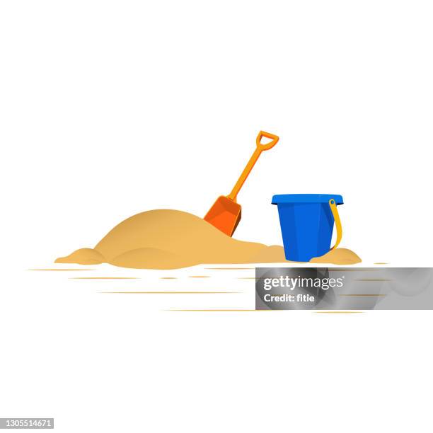 vector illustration of children's sand shovels and blue bucket. - sand stock illustrations