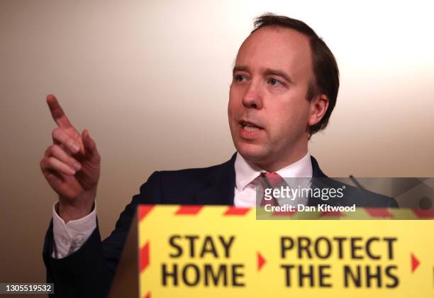 Health Secretary, Matt Hancock speaks at the government coronavirus briefing at Downing Street on March 5, 2021 in London, England. The mystery...
