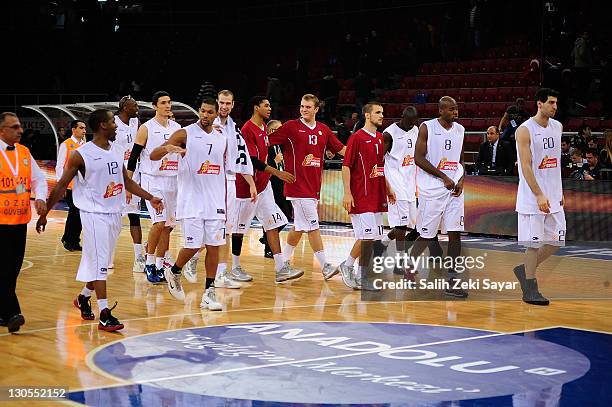 Players of Belgacom Spirou at the end of the 2011-2012 Turkish Airlines Euroleague Regular Season Game Day 2 between Anadolu Efes Istanbul and...