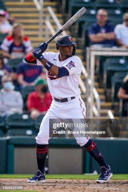 Keon Broxton of the Minnesota Twins bats during a spring training game against the Tampa Bay Rays on March 4, 2021 at the Hammond Stadium in Fort...