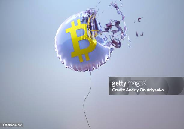 bitcoin sign balloon bursting - bitcoin symbol stockfoto's en -beelden