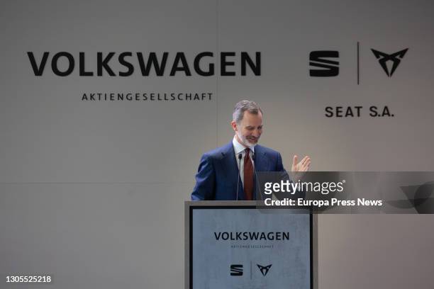 King Felipe VI during his speech in a tour SEAT's facilities in Martorell on the occasion of the 70th anniversary of its creation on March 2021 in...