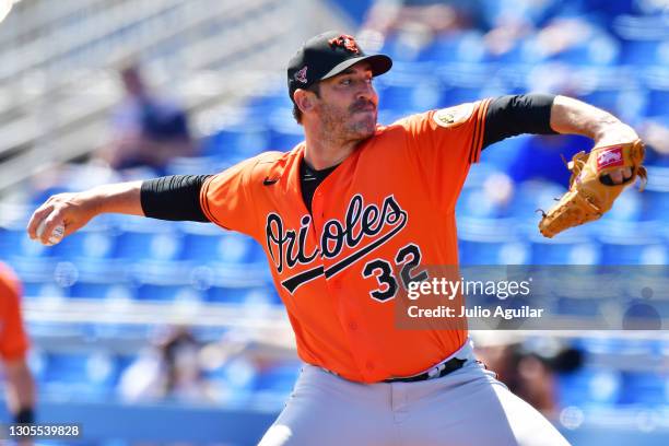 Matt Harvey of the Baltimore Orioles delivers a pitch in the first inning of a spring training game against the Toronto Blue Jays on March 05, 2021...