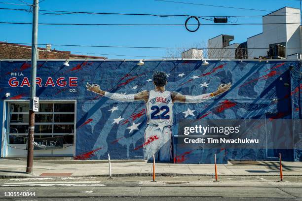 Mural of Matisse Thybulle of the Philadelphia 76ers is seen on the side of the Fishtown neighborhood bar Garage on March 05, 2021 in Philadelphia,...