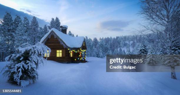 fairy winter landscape - cabana de madeira imagens e fotografias de stock