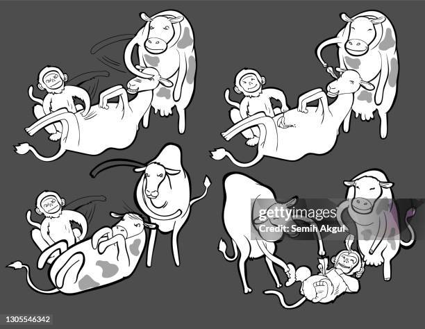 three animals in four actions, monkey, camel, milky cow - three lions stock illustrations
