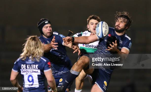 Sale Sharks forwards Josh Beaumont and Lood De Jager win a high ball from Falcons wing Mateo Carreras during the Gallagher Premiership Rugby match...
