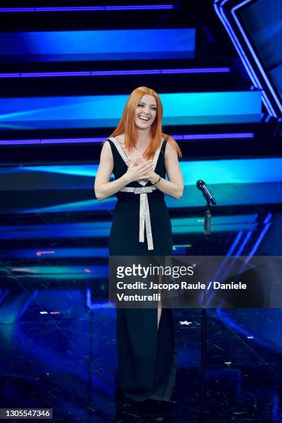 Noemi is seen on stage during the 71th Sanremo Music Festival 2021 at Teatro Ariston on March 05, 2021 in Sanremo, Italy.