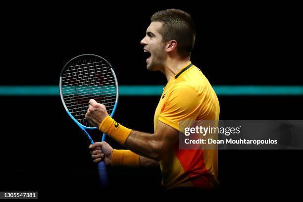 Borna Coric of Croatia celebrates victory in his match against Kei Nishikori of Japan during Day 5 of the 48th ABN AMRO World Tennis Tournament at...