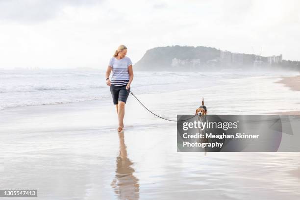 mature female walking her dog on a gold coast beach in queensland - old people australia photos et images de collection