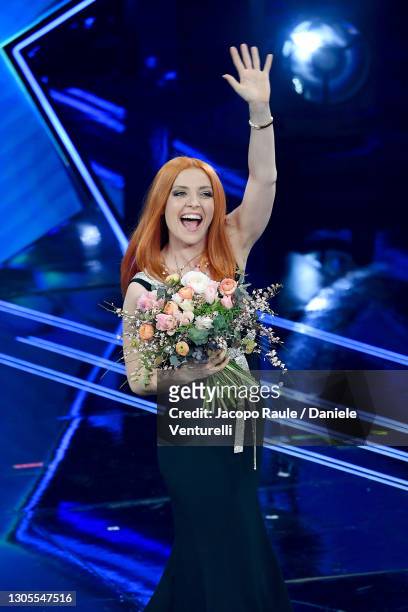 Noemi is seen on stage during the 71th Sanremo Music Festival 2021 at Teatro Ariston on March 05, 2021 in Sanremo, Italy.