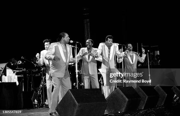 Singers Melvin Franklin, Richard Street, Otis Williams, Ali-Ollie Woodson, and Ron Tyson of The Temptations performs at the Regal Theater in Chicago,...