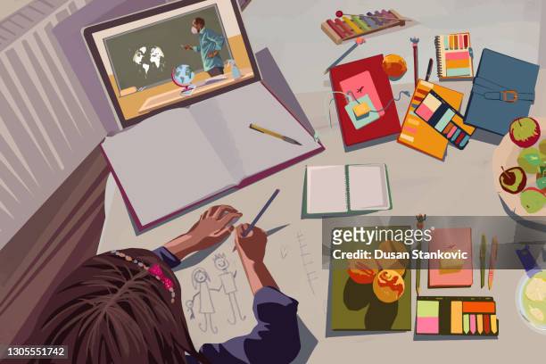 online class during quarantine for children - e learning draw stock illustrations