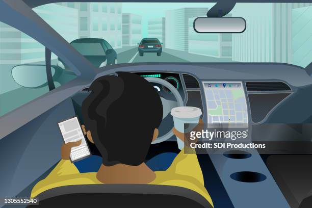 ilustraciones, imágenes clip art, dibujos animados e iconos de stock de hombre sentado al volante de un vehículo autónomo - coche del futuro