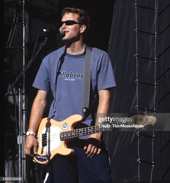 Mark Hoppus of Blink 182 performs at Shoreline Amphitheatre on June 19, 1998 in Mountain View, California.