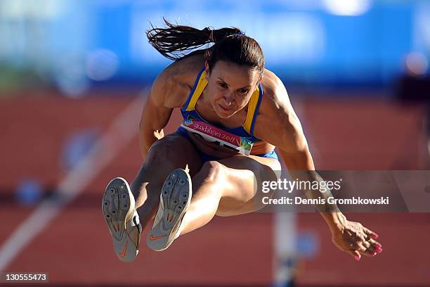 Maurren Maggi of Brazil competes in the women's long jump final during Day 12 of the XVI Pan American Games at Telmex Stadium on October 26, 2011 in...