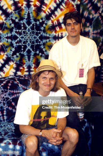 Scotty Johnson and Jesse Valenzuela of Gin Blossoms pose during Laguna Seca Daze at Laguna Seca Racetrack on May 29, 1993 in Monterey, California.