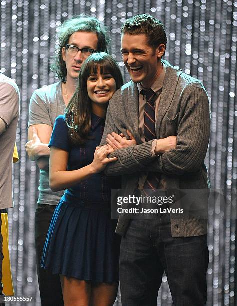 Actress Lea Michele and actor Matthew Morrison attend the "GLEE" 300th musical performance special taping at Paramount Studios on October 26, 2011 in...