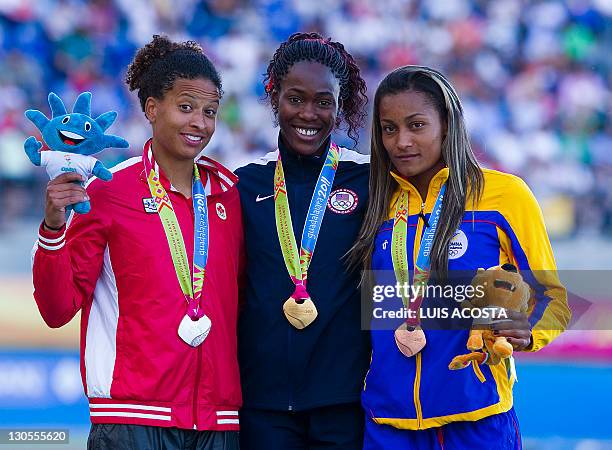 Gold medallist Kristine Lewis , Canada's Silver medallist Angela Waite and Colombian Bronze medallist Lina Flores celebrate after the 100m Hurdles...