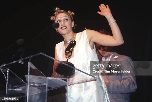 Gwen Stefani of No Doubt accepts an award during the Bay Area Music Awards at Bill Graham Civic Auditorium on March 07, 1998 in San Francisco,...