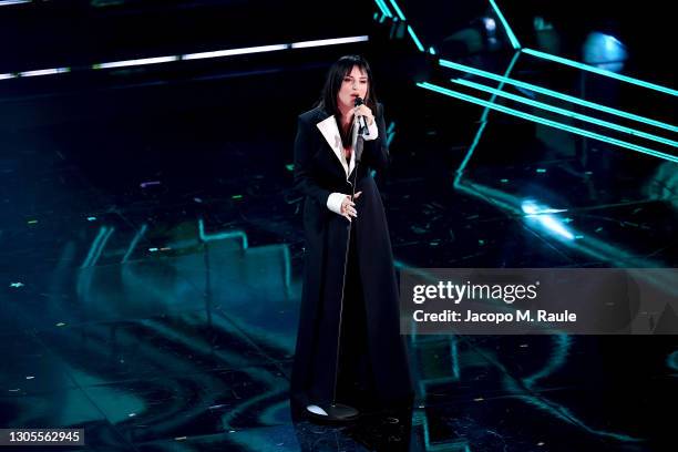 Arisa is seen on stage during the 71th Sanremo Music Festival 2021 at Teatro Ariston on March 05, 2021 in Sanremo, Italy.