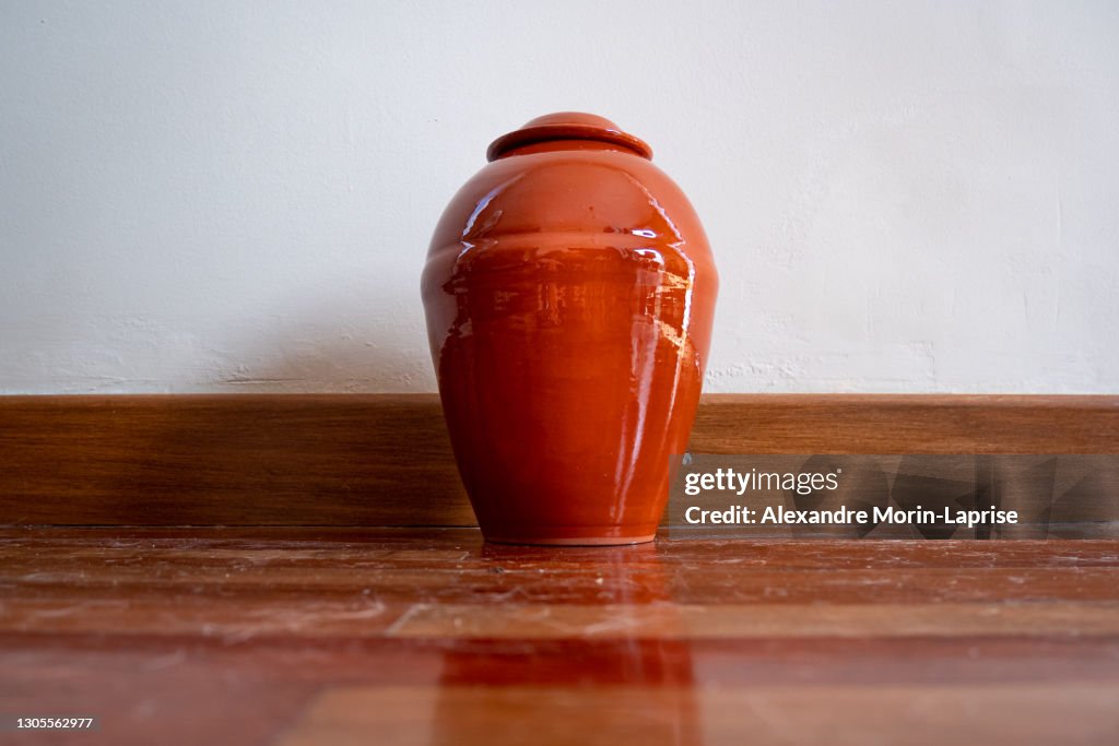Orange Urn Leaning Against the White Wall