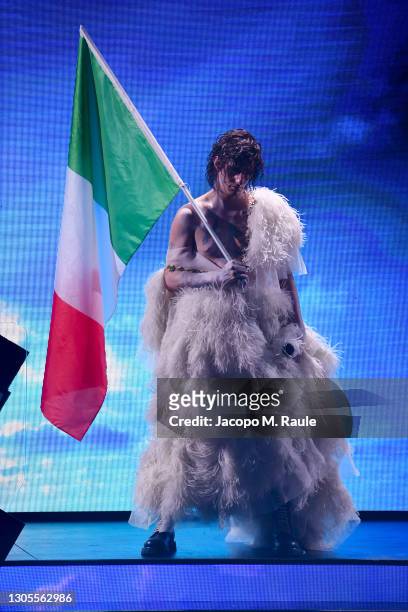 Achille Lauro is seen on stage during the 71th Sanremo Music Festival 2021 at Teatro Ariston on March 05, 2021 in Sanremo, Italy.