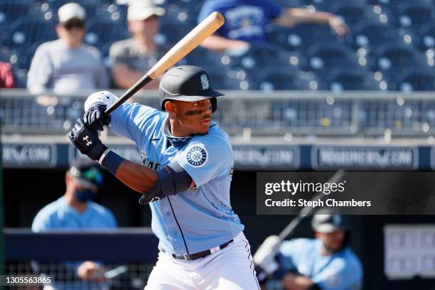 Julio Rodriguez of the Seattle Mariners at bat against the Colorado Rockies in the fifth inning during an MLB spring training game on March 04, 2021...