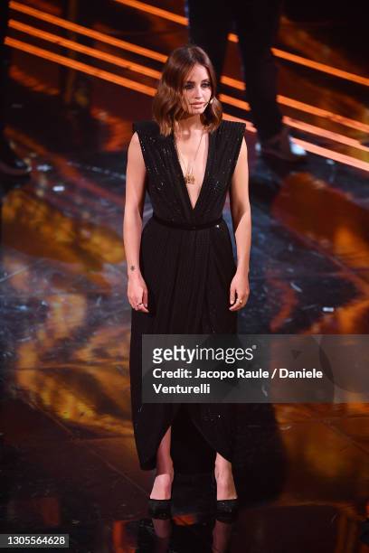 Matilde Gioli is seen on stage during the 71th Sanremo Music Festival 2021 at Teatro Ariston on March 05, 2021 in Sanremo, Italy.