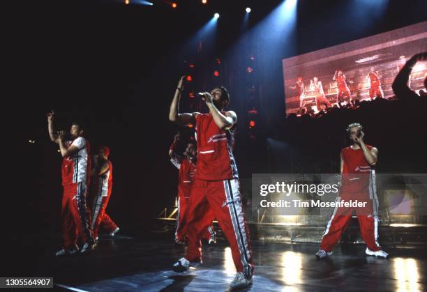 Justin Timberlake, Joey Fatone, JC Chasez, Chris Kirkpatrick, and Lance Bass of NSYNC perform at Shoreline Amphitheatre on August 21, 1999 in...