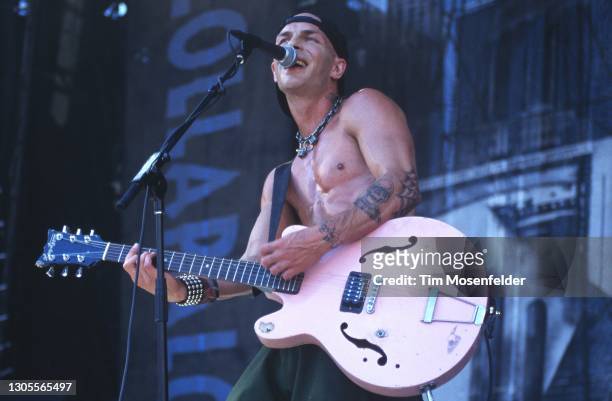 Tim Armstrong of Rancid performs during Lollapalooza at Spartan Stadium on August 2, 1996 in San Jose, California.