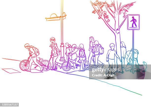 school zone road safety rainbow - crossing lines stock illustrations