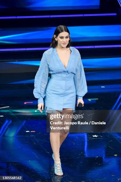 Gaia Gozzi is seen on stage during the 71th Sanremo Music Festival 2021 at Teatro Ariston on March 05, 2021 in Sanremo, Italy.