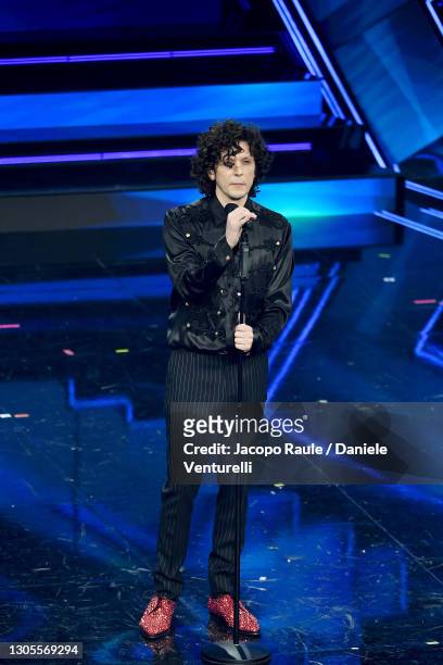 Ermal Meta is seen on stage during the 71th Sanremo Music Festival 2021 at Teatro Ariston on March 05, 2021 in Sanremo, Italy.