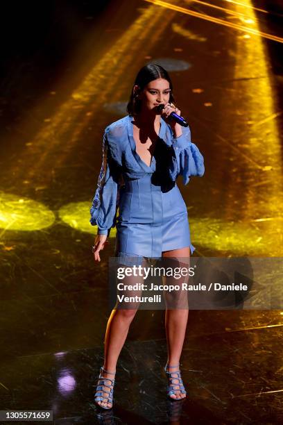 Gaia Gozzi is seen on stage during the 71th Sanremo Music Festival 2021 at Teatro Ariston on March 05, 2021 in Sanremo, Italy.