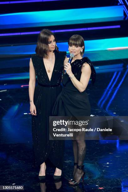 Alessandra Amoroso and Matilde Gioli are seen on stage during the 71th Sanremo Music Festival 2021 at Teatro Ariston on March 05, 2021 in Sanremo,...